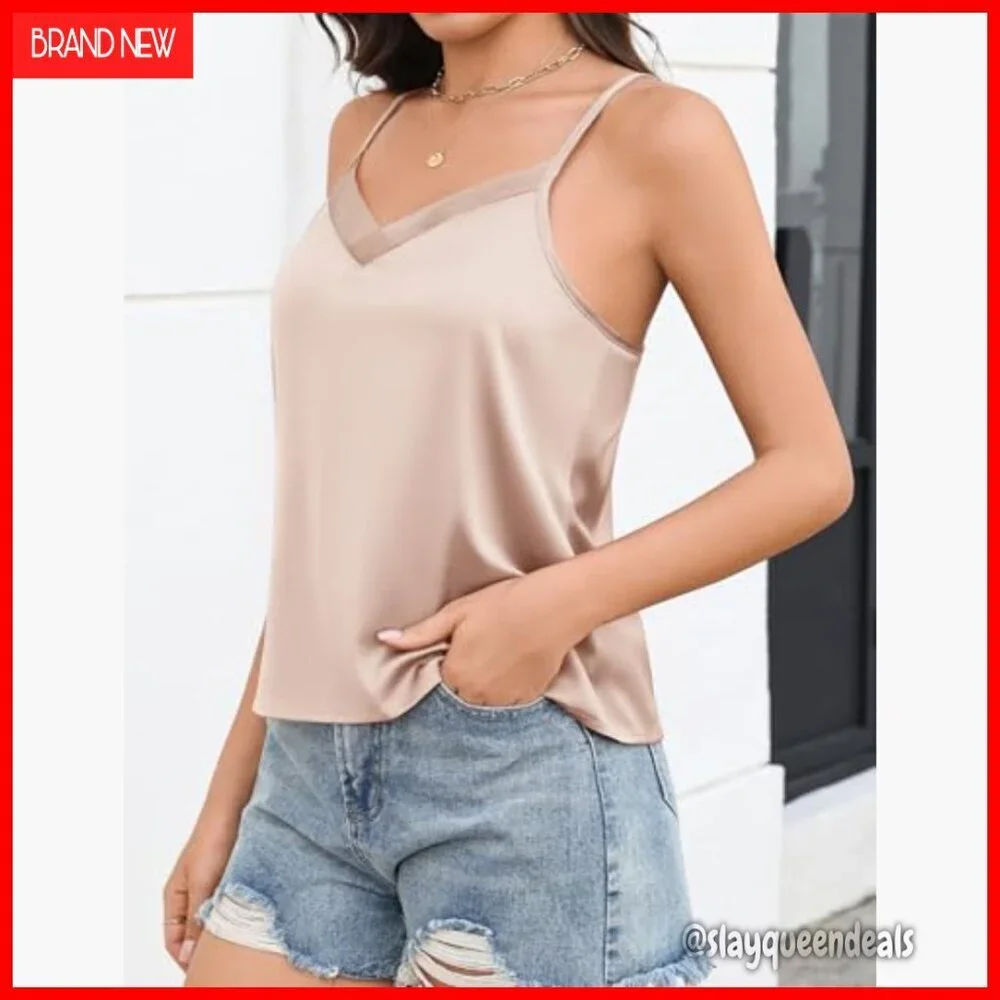 Satin V-Neck Camisole with Mesh Panel Adjustable Straps Relaxed Fit